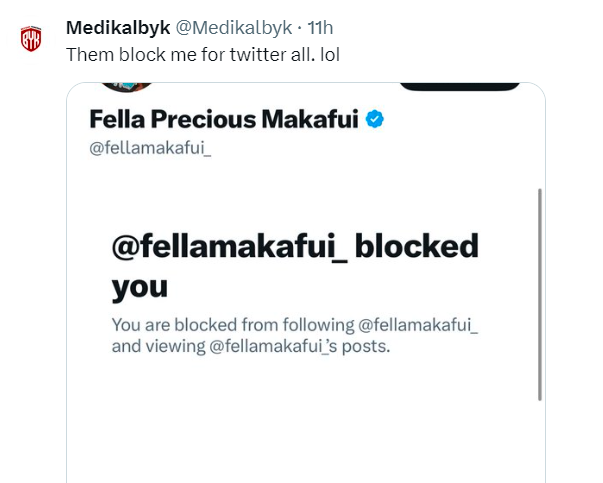 Medikal official twitter page showing that Fella has blocked him