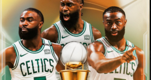 Jaylen Brown received the Bill Russell Finals MVP trophy for his performance in the 2024 NBA Finals. Brown averaged 20.8 points, 5.4 rebounds, and 5 assists per game, leading the Boston Celtics to a championship victory over the Dallas Mavericks.
