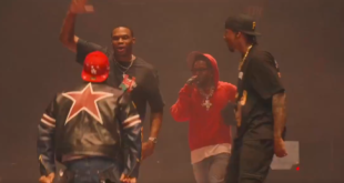 Russell Westbrook, DeMar DeRozan, YG & others dancing on stage with Kendrick Lamar while he performed 'Not Like Us'.