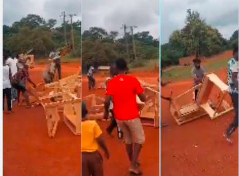 Kofitiakrom youth destroyed dual desks despite the dire need of the community, highlighting the need for a mobile network instead of a desk for school.