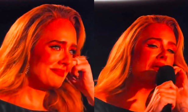 With 80,000 people chanting "Someone Like You," Adele breaks down in tears.