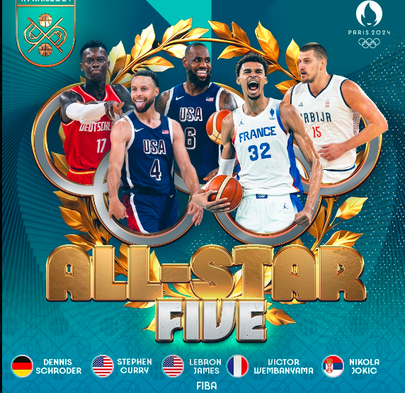 ALL-STAR FIVE of #Paris2024 Men's #Basketball 🔸Dennis Schroder, Germany 🇩🇪 🔸Stephen Curry, USA 🇺🇸 🔸LeBron James, USA 🇺🇸 🔸Victor Wembanyama, France 🇫🇷 🔸Nikola Jokic, Serbia 🇷🇸