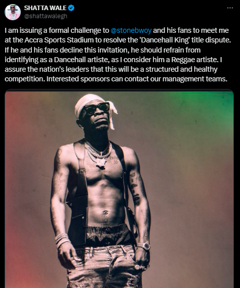 Shatta Wale posted, called on Stonebwoy for dancehall face-off